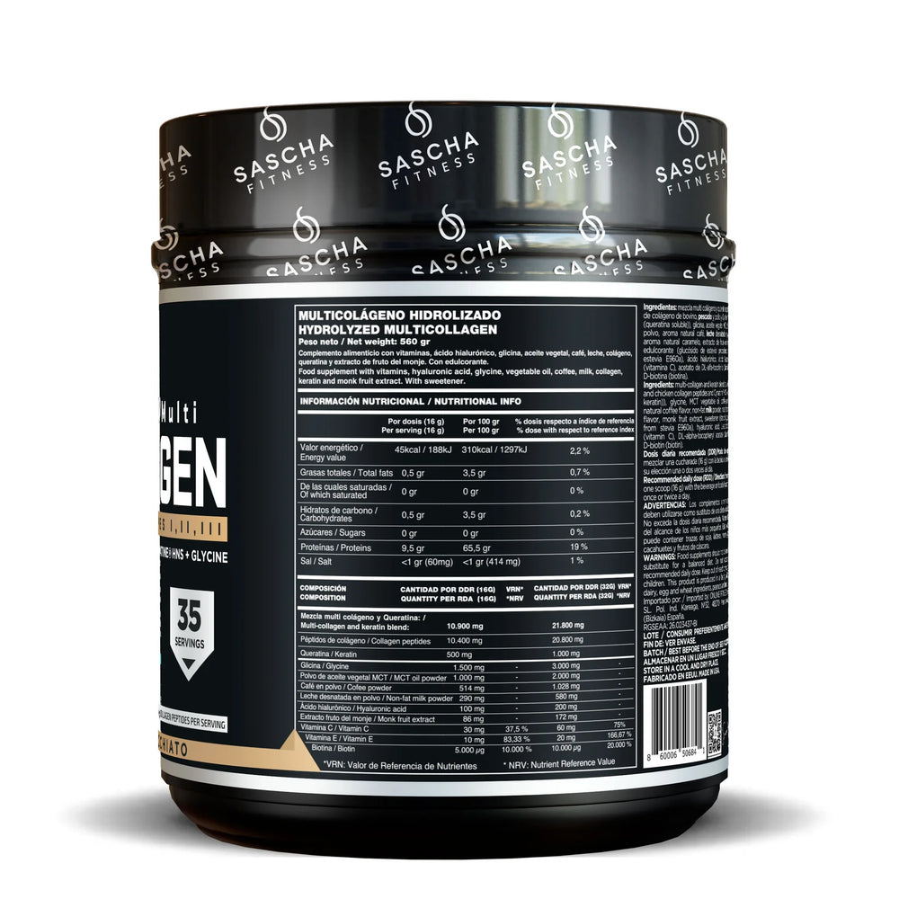 Envase del colágeno hidrolizado sabor caramel macchiato de Sascha Fitness