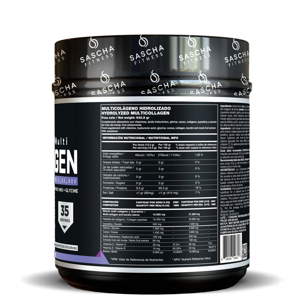 Envase del colágeno hidrolizado sabor chocolate de Sascha Fitness