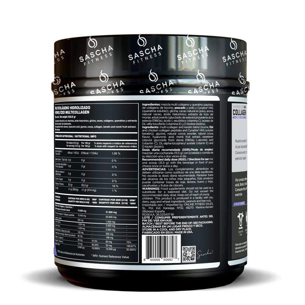 Envase del colágeno hidrolizado sabor chocolate de Sascha Fitness