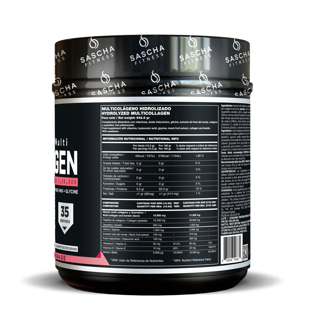 Envase del colágeno hidrolizado sabor fresa-limón de Sascha Fitness