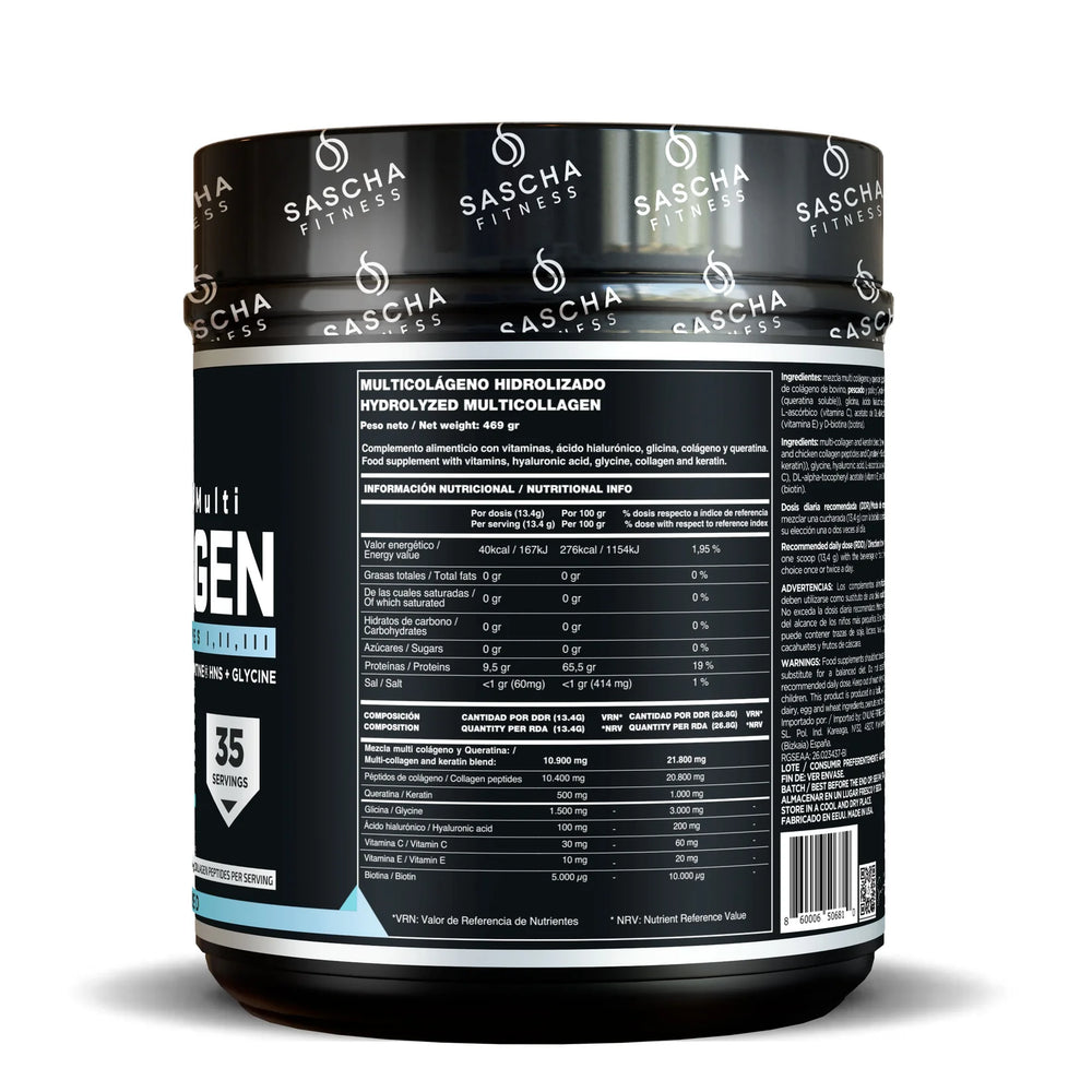Envase del colágeno hidrolizado sin sabor de Sascha Fitness