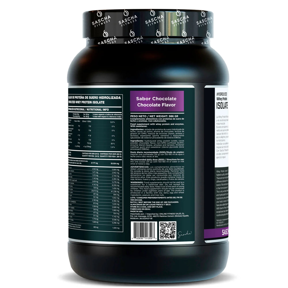 Envase de la proteína Whey Chocolate de Sascha Fitness