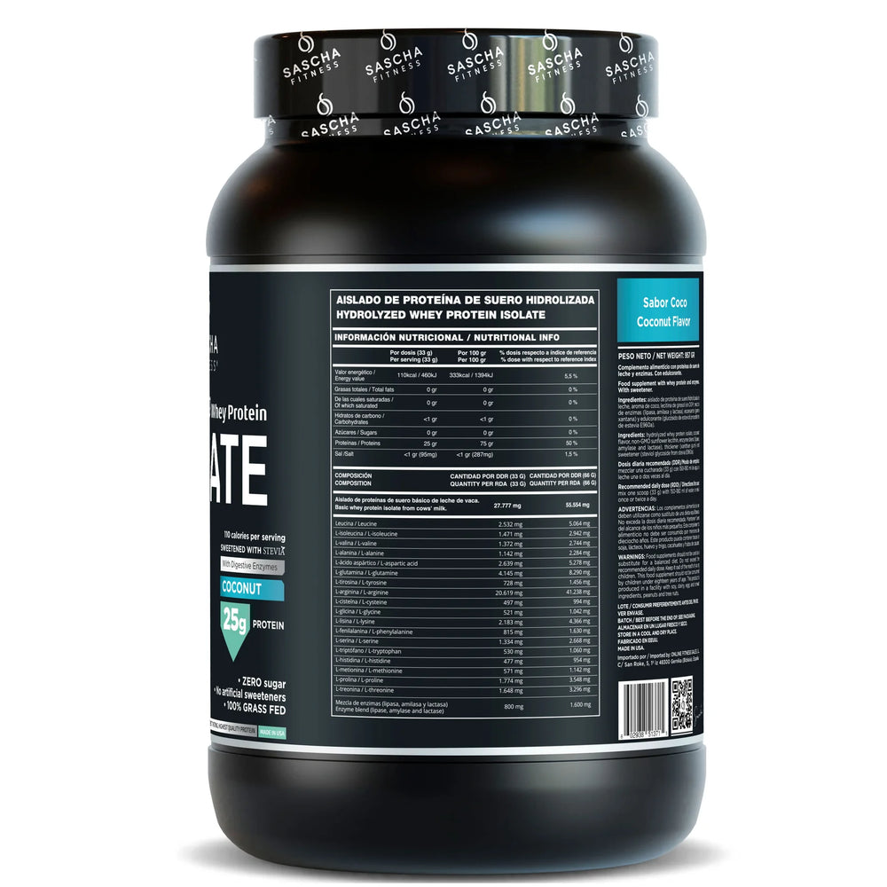 Envase de la proteína Whey Coco de Sascha Fitness