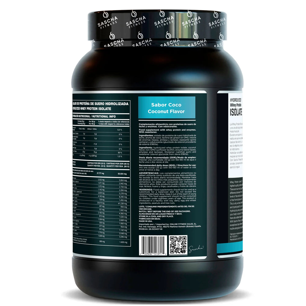 Envase de la proteína Whey Coco de Sascha Fitness