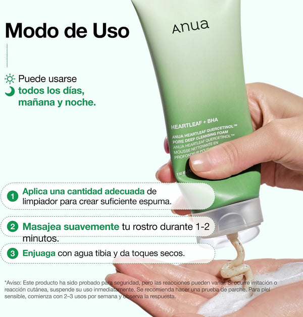 Modo de uso de la espuma limpiadora Heartleaf Quercetinol de ANUA