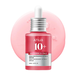 Sérum ANUA Niacinamide 10 + TXA 4 sobre una gota de textura rosa