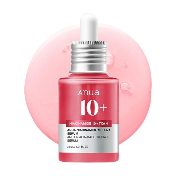 Sérum ANUA Niacinamide 10 + TXA 4 sobre una gota de textura rosa