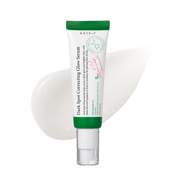 Textura del sérum AXIS-Y Dark Spot Correcting Glow Serum junto al tubo de 50 ml