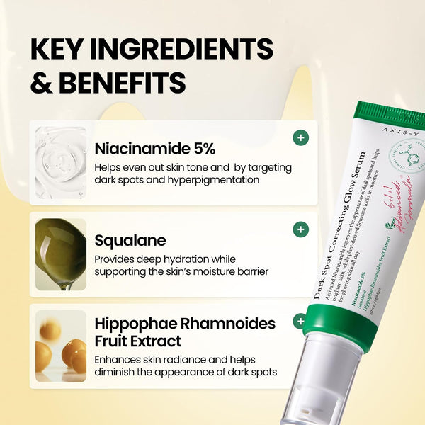Ingredientes clave del sérum AXIS-Y: niacinamida 5%, escualano y extracto de espino amarillo