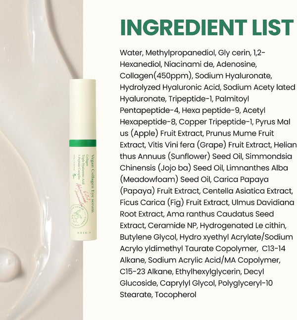 Ficha de ingredientes INCI del contorno de ojos AXIS-Y Vegan Collagen Eye Serum 10 ml
