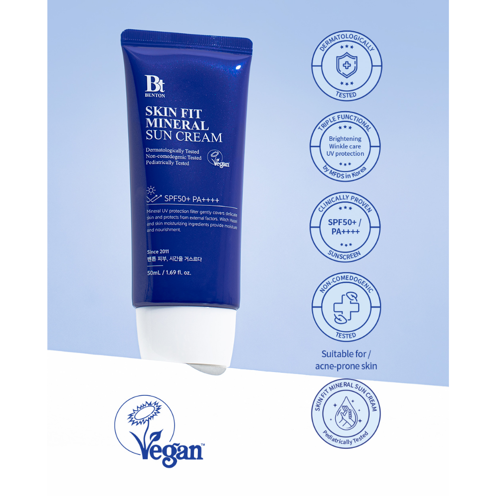 Protector solar Benton Skin Fit Mineral Sun Cream SPF50+, tubo azul de 50 ml