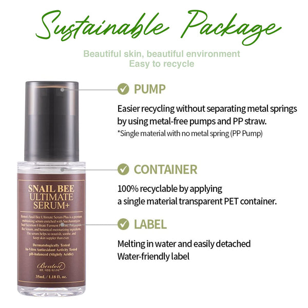 Envase reciclable del sérum Benton Snail Bee: bomba sin metal, botella PET y etiqueta hidrosoluble