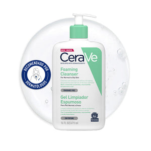 Gel Limpiador Espumoso CeraVe 473 ml sobre una gota de producto, recomendado por dermatólogos