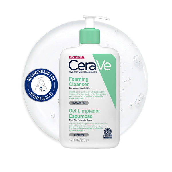 Gel Limpiador Espumoso CeraVe 473 ml sobre una gota de producto, recomendado por dermatólogos