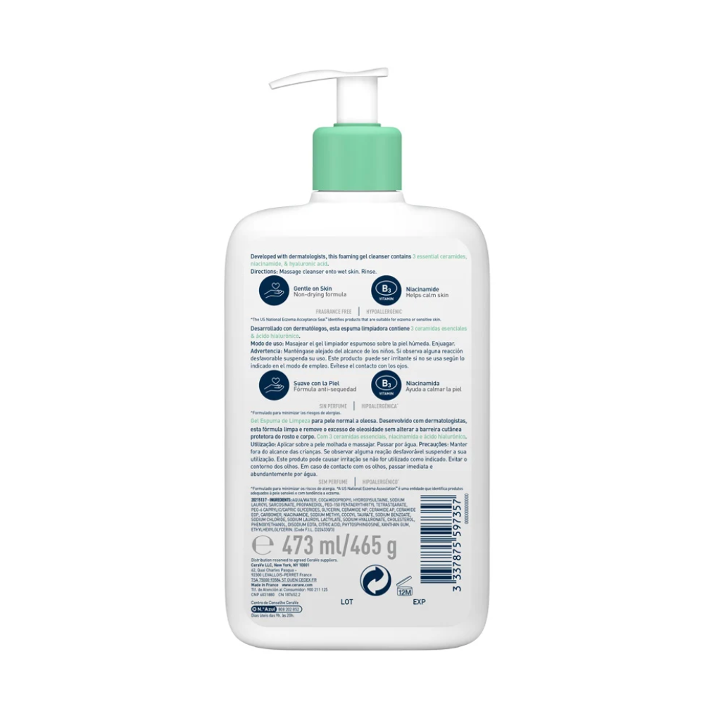 Gel Limpiador Espumoso CeraVe 473 ml, envase con dosificador