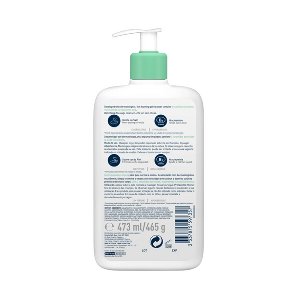 Detalle de la etiqueta del Gel Limpiador Espumoso CeraVe 473 ml