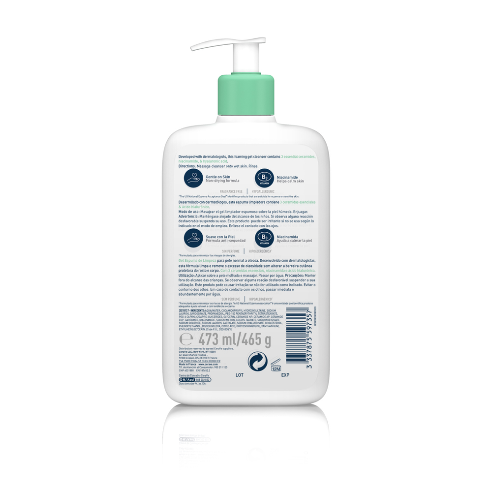 Gel Limpiador Espumoso CeraVe 473 ml, envase con dosificador