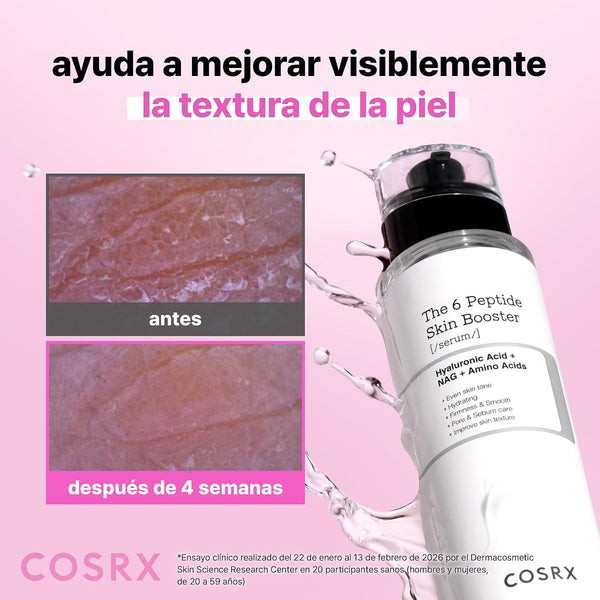 Textura de la piel antes y después de 4 semanas con el sérum COSRX The 6 Peptide