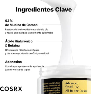 Ingredientes clave de la crema COSRX Snail 92: mucina de caracol, ácido hialurónico, betaína y adenosina