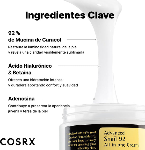 Ingredientes clave de la crema COSRX Snail 92: mucina de caracol, ácido hialurónico, betaína y adenosina