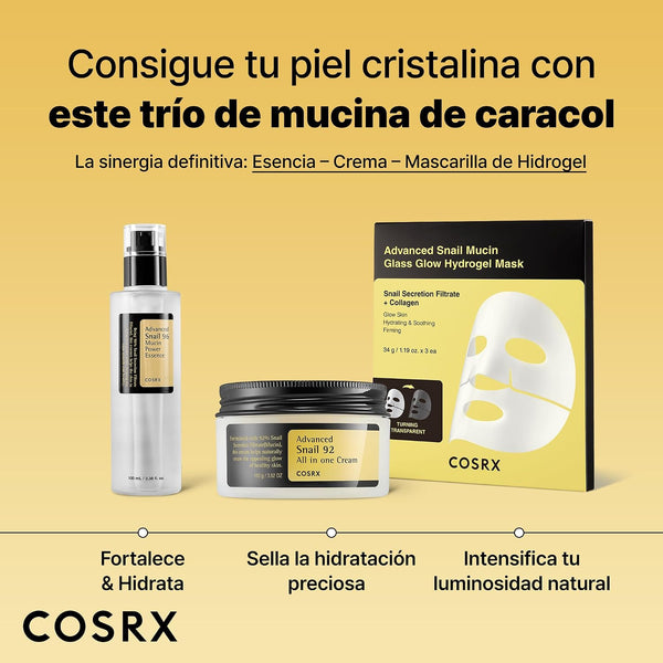 Trío de mucina de caracol COSRX: esencia Snail 96, crema Snail 92 y mascarilla de hidrogel