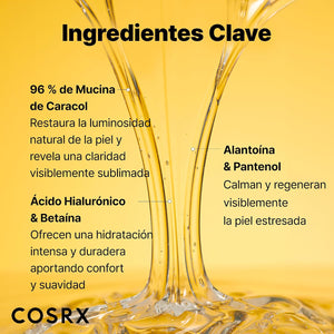 Ingredientes clave de la esencia COSRX Snail 96: mucina de caracol, ácido hialurónico, betaína, alantoína y pantenol