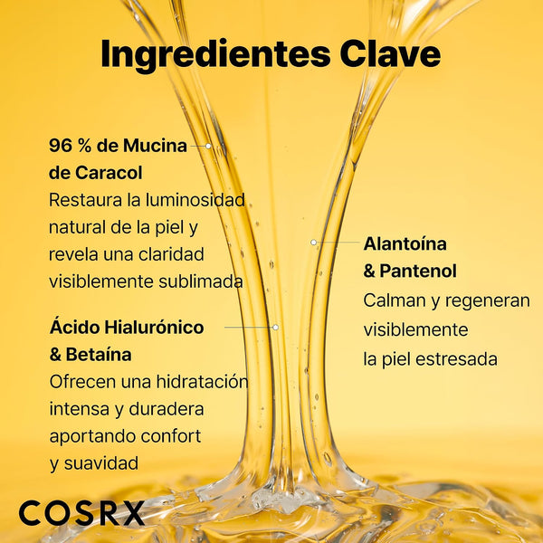 Ingredientes clave de la esencia COSRX Snail 96: mucina de caracol, ácido hialurónico, betaína, alantoína y pantenol