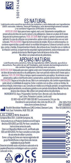 Lubricante Naturals Extra Suave 100ml, reverso del envase