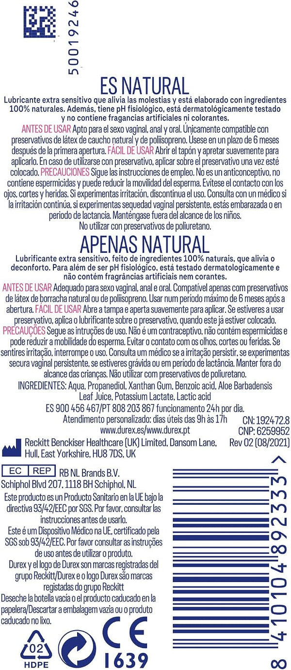 Lubricante Naturals Extra Suave 100ml, reverso del envase