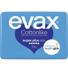 Paquete de compresas Evax Cottonlike Super Plus con alas, 10 unidades