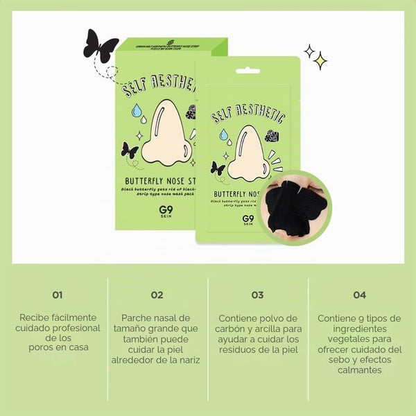 Beneficios del Butterfly Nose Strip de G9 Skin: carbón, arcilla y nueve extractos vegetales