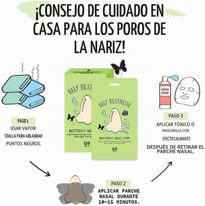 Modo de uso del Butterfly Nose Strip de G9 Skin en tres pasos: vapor, parche 10-15 minutos y tónico