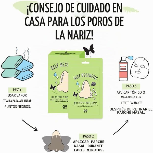 Modo de uso del Butterfly Nose Strip de G9 Skin en tres pasos: vapor, parche 10-15 minutos y tónico