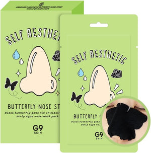 Caja y sobre del Butterfly Nose Strip de G9 Skin con detalle del parche colocado en la nariz