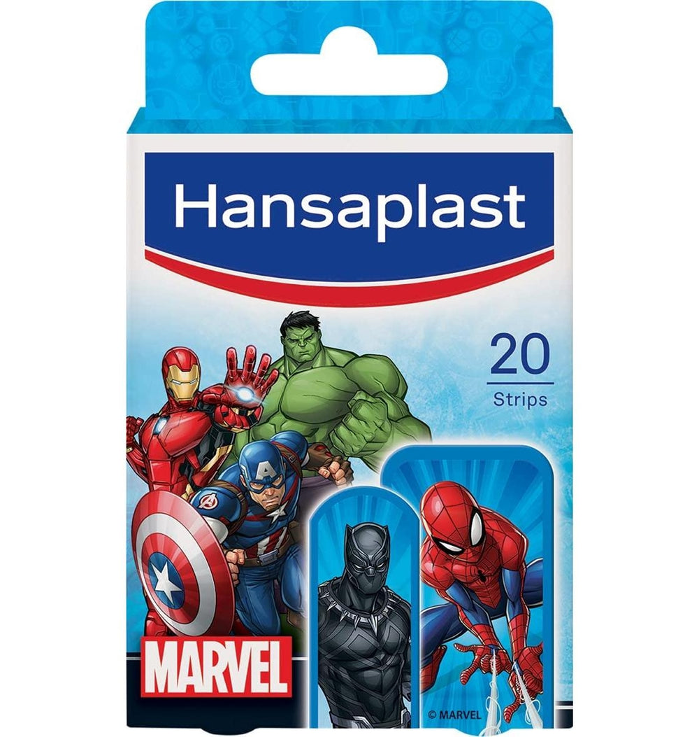 Caja de apósitos infantiles Hansaplast Marvel, 20 unidades en dos tamaños