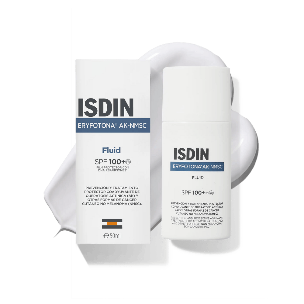 Fluido Solar SPF100+ Eryfotona AK-NMSC 50ml de ISDIN junto a su textura