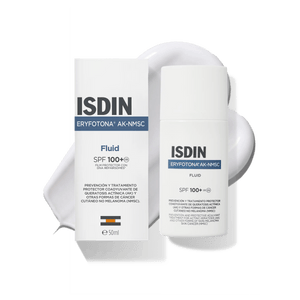 Fluido Solar SPF100+ Eryfotona AK-NMSC 50ml de ISDIN junto a su textura