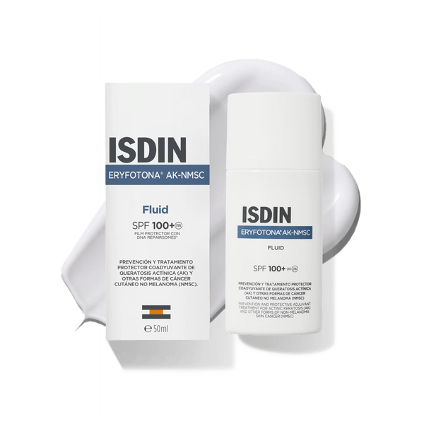 Fluido Solar SPF100+ Eryfotona AK-NMSC 50ml de ISDIN junto a su textura