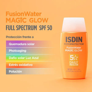 Fusion Water Magic Glow SPF 50 de ISDIN: protección de espectro total frente a UVA, UVB, luz azul, estrés oxidativo y polución
