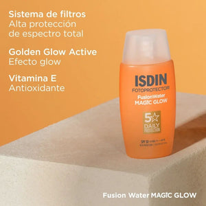 Activos del Fusion Water Magic Glow SPF 50 de ISDIN: sistema de filtros, Golden Glow Active y vitamina E