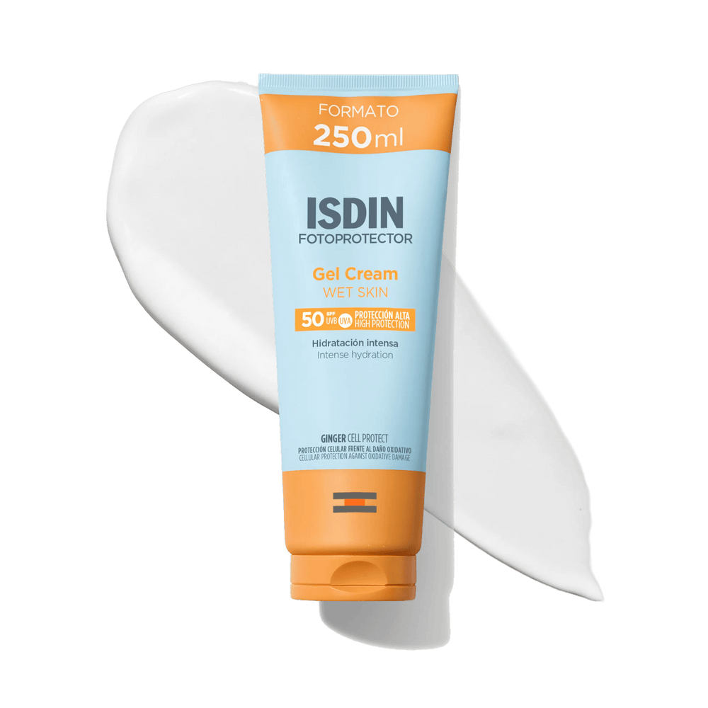 Protector Solar SPF50+ Gel Cream 250ml de ISDIN junto a su textura