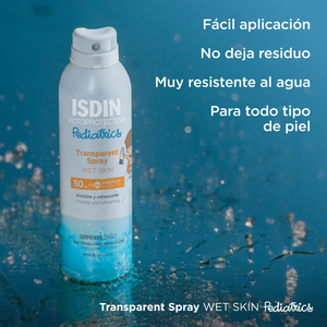 Pediatrics Transparent Spray Wet Skin SPF 50 de ISDIN: fácil aplicación, sin residuo y muy resistente al agua