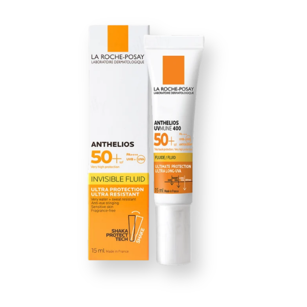 Envase del fluido solar Anthelios UVMune 400 SPF50+ de La Roche-Posay, 15 ml