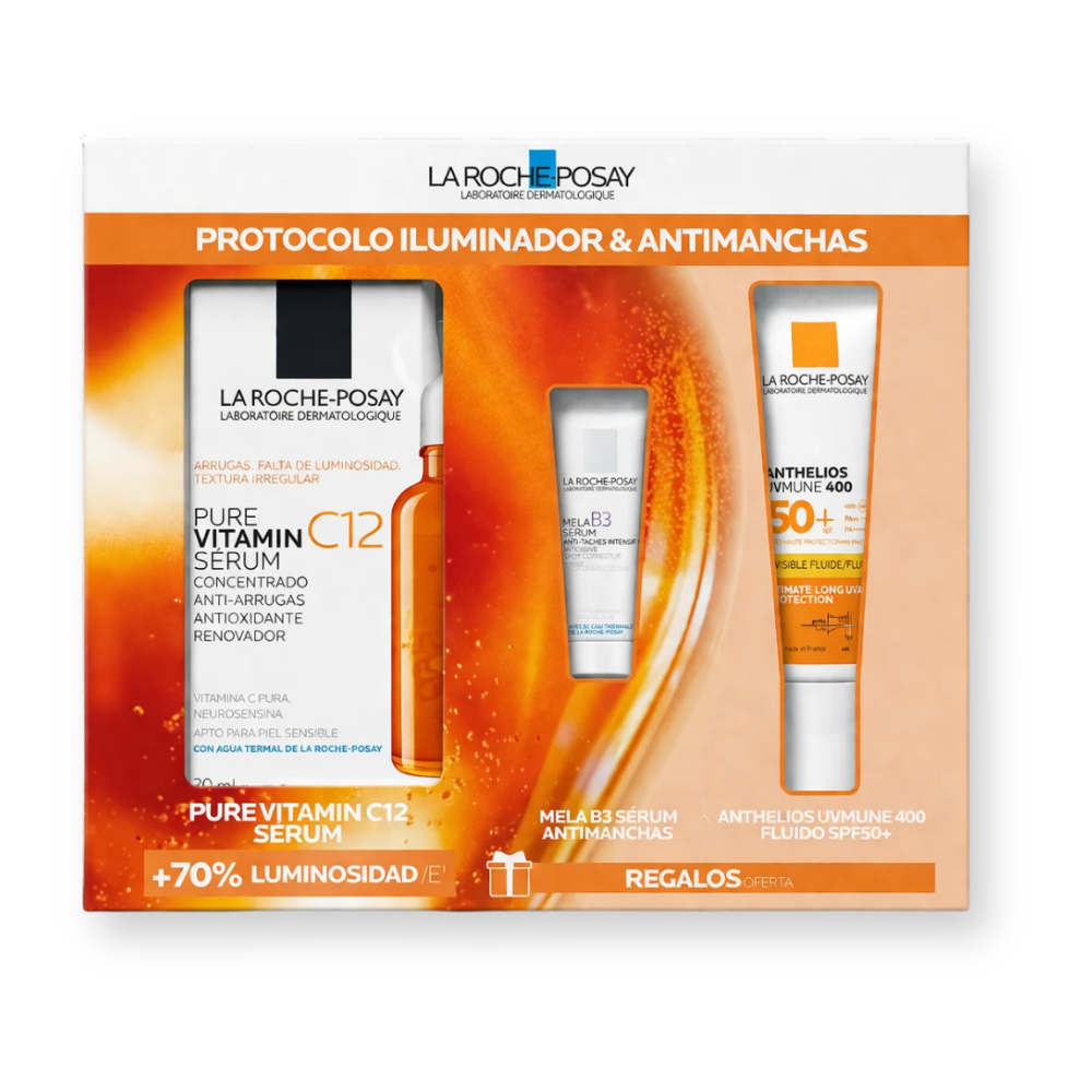 Kit Protocolo Iluminador y Antimanchas de La Roche-Posay: sérum Pure Vitamin C12 con crema Mela B3 y Anthelios UVMune 400 de regalo