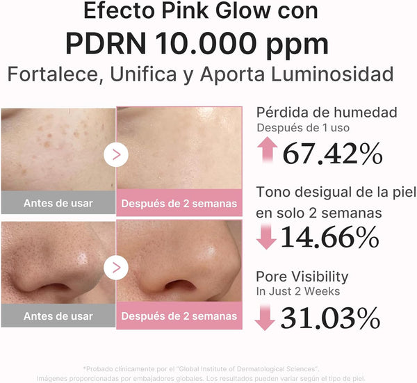 Antes y después de dos semanas de uso del sérum PDRN Pink Peptide de Medicube