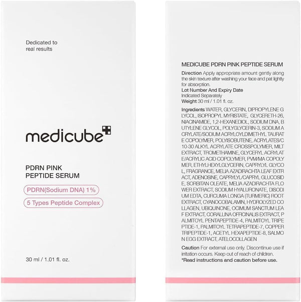 Caja y modo de empleo del sérum PDRN Pink Peptide de Medicube, 30 ml