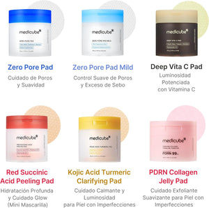 La familia de discos de Medicube: Zero Pore, Mild, Deep Vita C, Red Succinic, Kojic y PDRN
