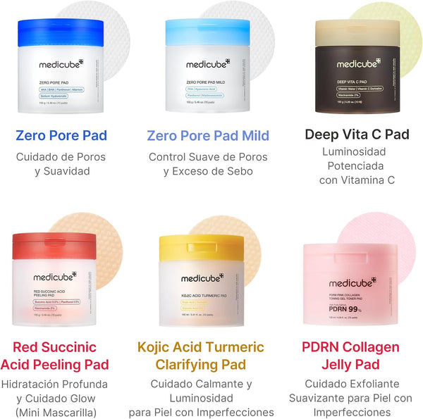 La familia de discos de Medicube: Zero Pore, Mild, Deep Vita C, Red Succinic, Kojic y PDRN