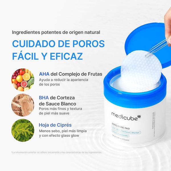 Ingredientes clave del Zero Pore Pad: AHA de frutas, BHA de sauce blanco y hoja de ciprés