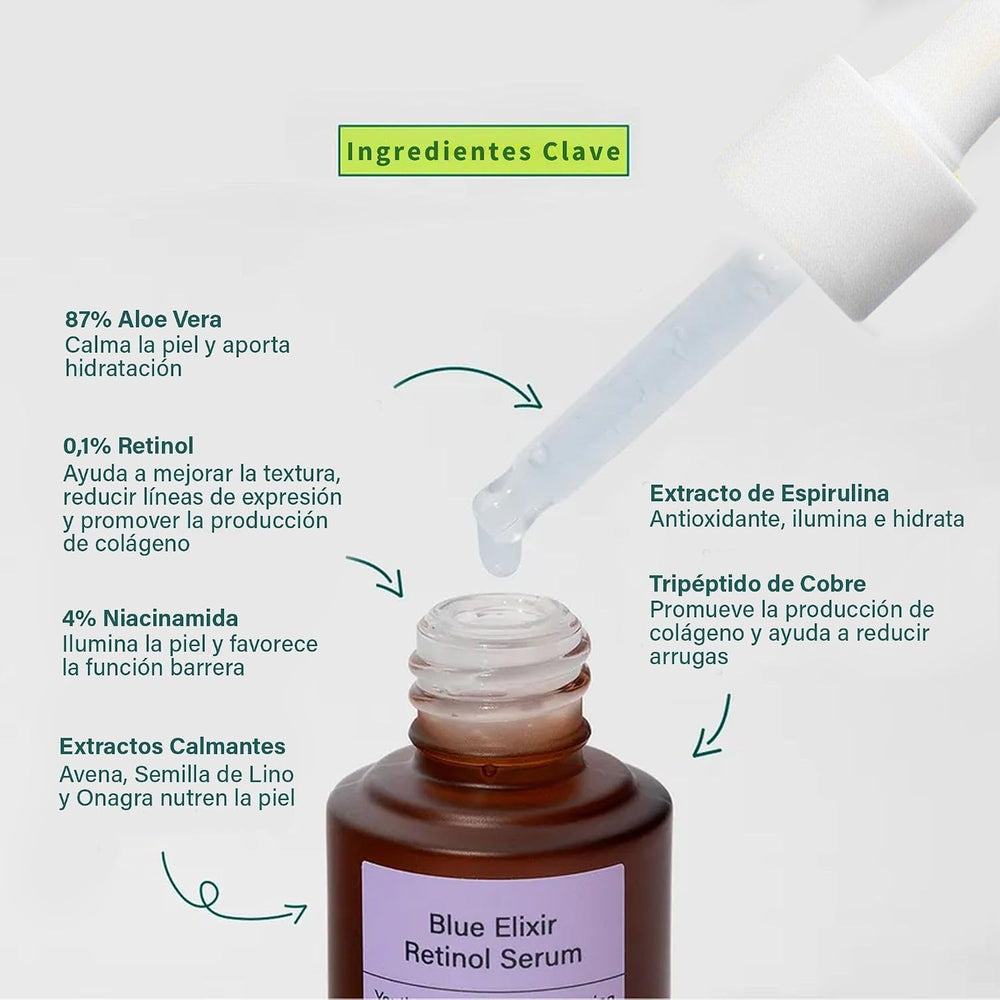 Sérum antiedad Blue Elixir con retinol 0,1% de Meisani, frasco de 15 ml
